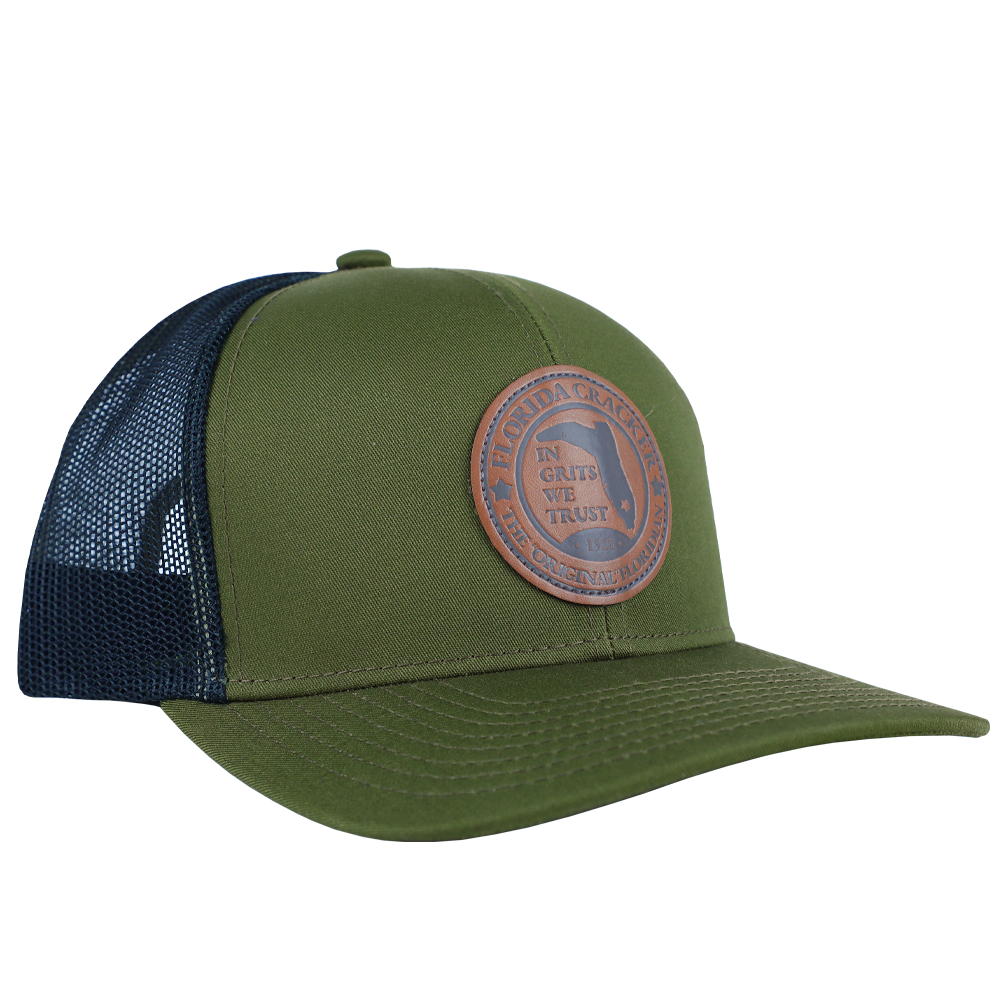 LEATHER 1521 MOSS GREEN/ BLACK TRUCKER HAT – Florida Cracker  display picture 1