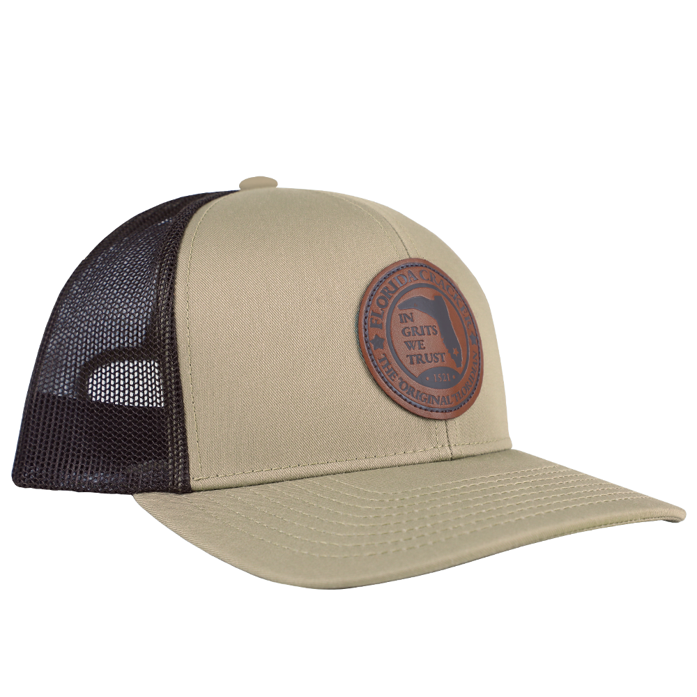 LEATHER 1521 KHAKI /BROWN TRUCKER HAT – Florida Cracker Style display picture 2