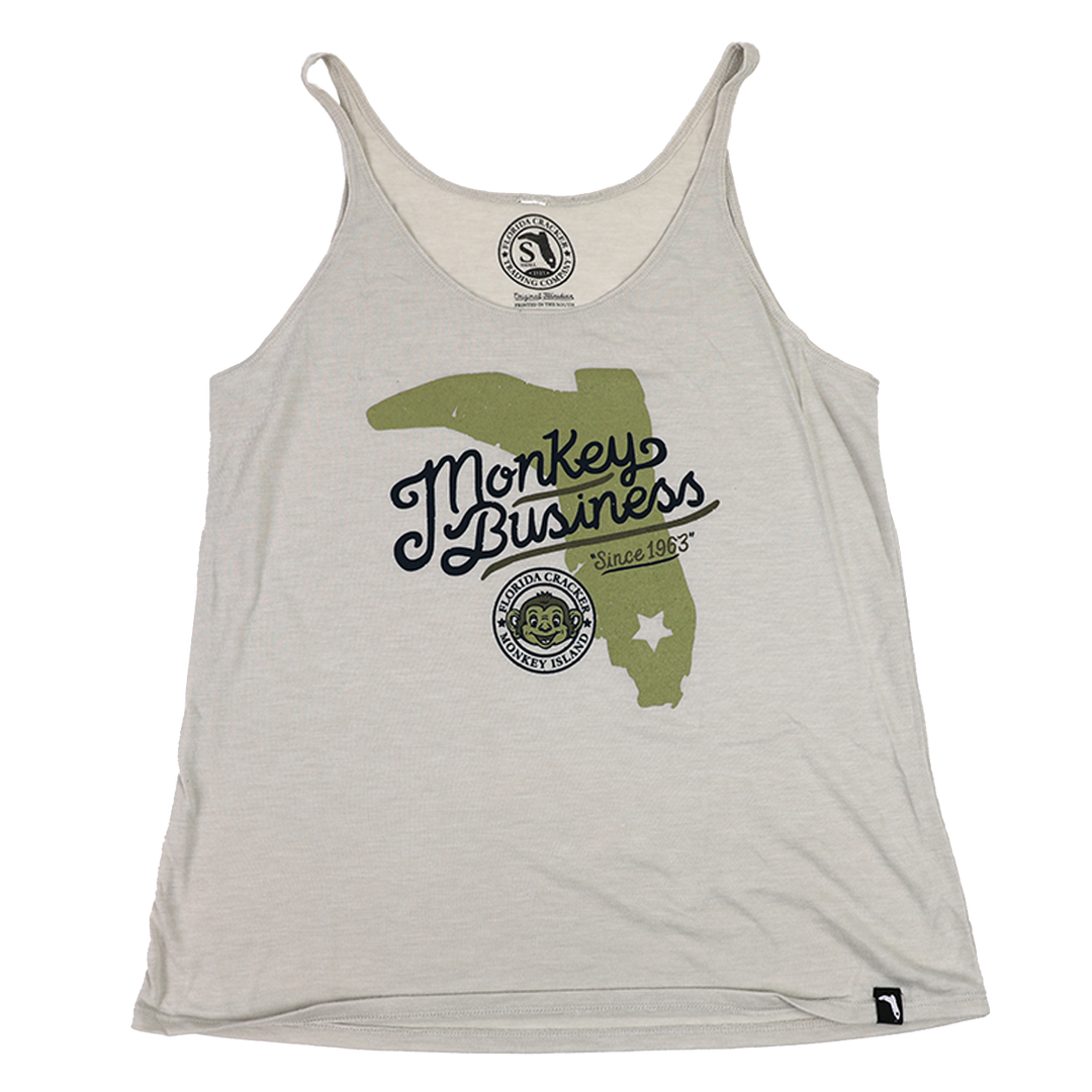 "MONKEY BUSINESS" HEATHER DUST -LADIES LOOSE FITTING TANK TOP