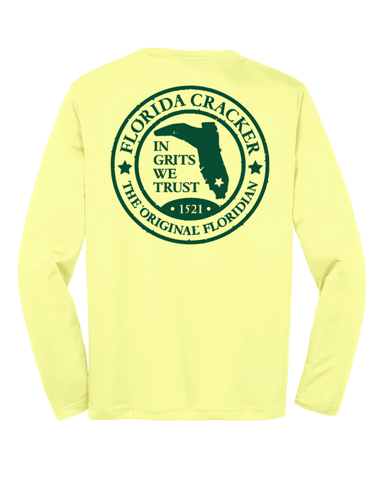 DISTRESSED BADGE- CANARY YELLOW LADIES V-NECK LS MICRO