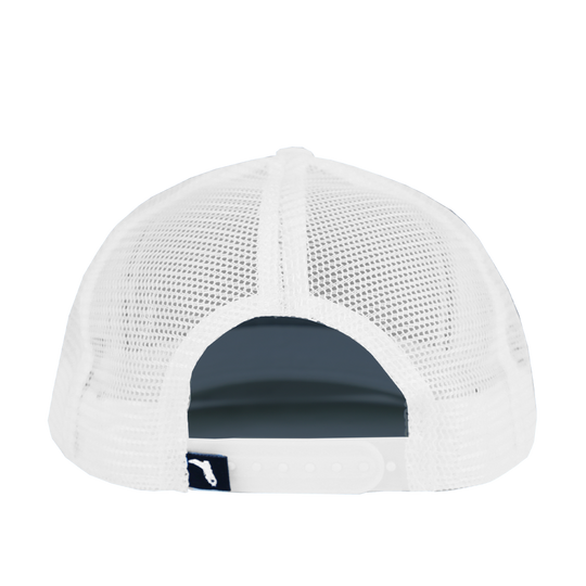 WHITE/ WHITE LEATHER SQUARE PATCH TRUCKER HAT