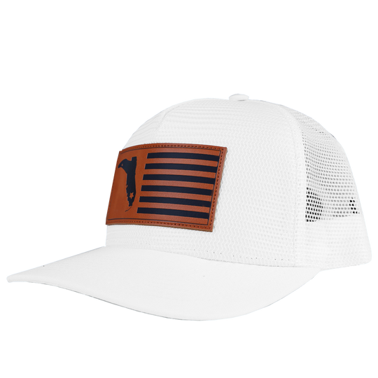 WHITE/ WHITE LEATHER SQUARE PATCH TRUCKER HAT