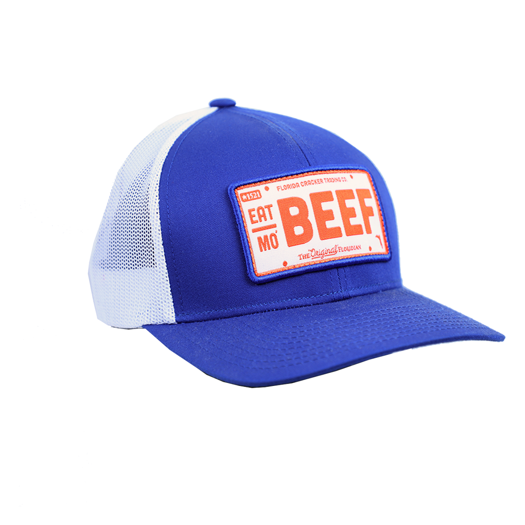EAT MO' BEEF PATCH- ROYAL/WHITE TRUCKER HAT