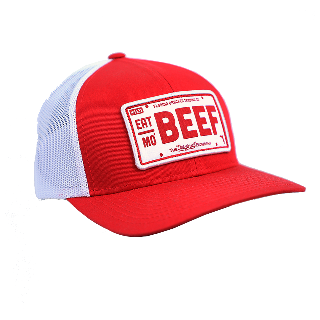 EAT MO' BEEF PATCH- RED/WHITE TRUCKER HAT