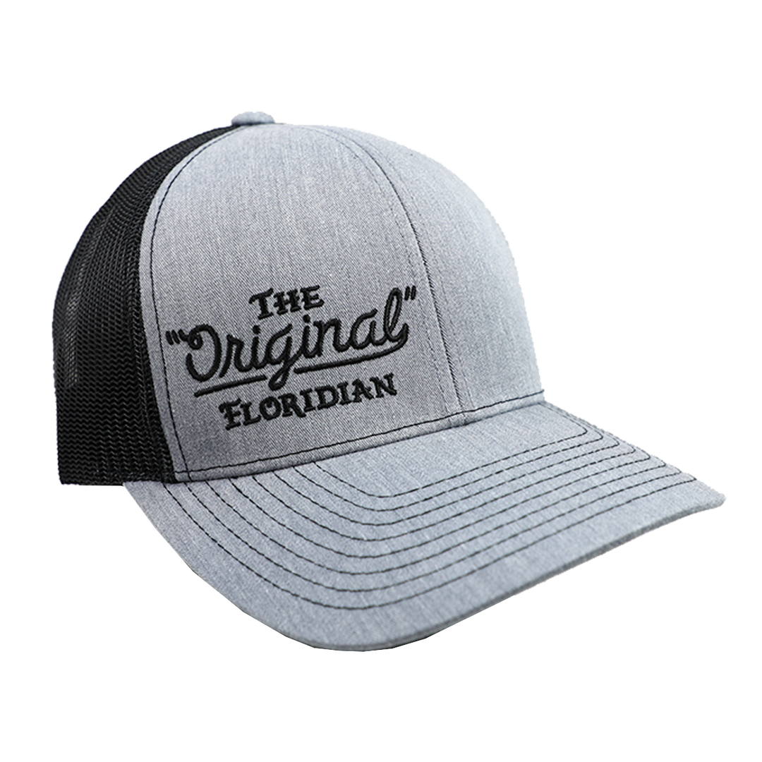 THE ORIGINAL FLORIDIAN HEATHER GREY ON BLACK TRUCKER HAT