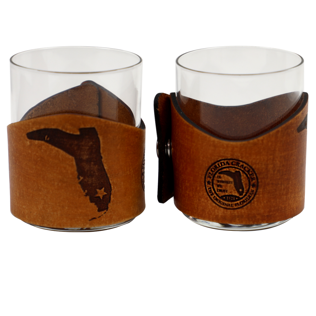LEATHER WHISKEY GLASS WRAP & GLASS-BOOT SET OF 2
