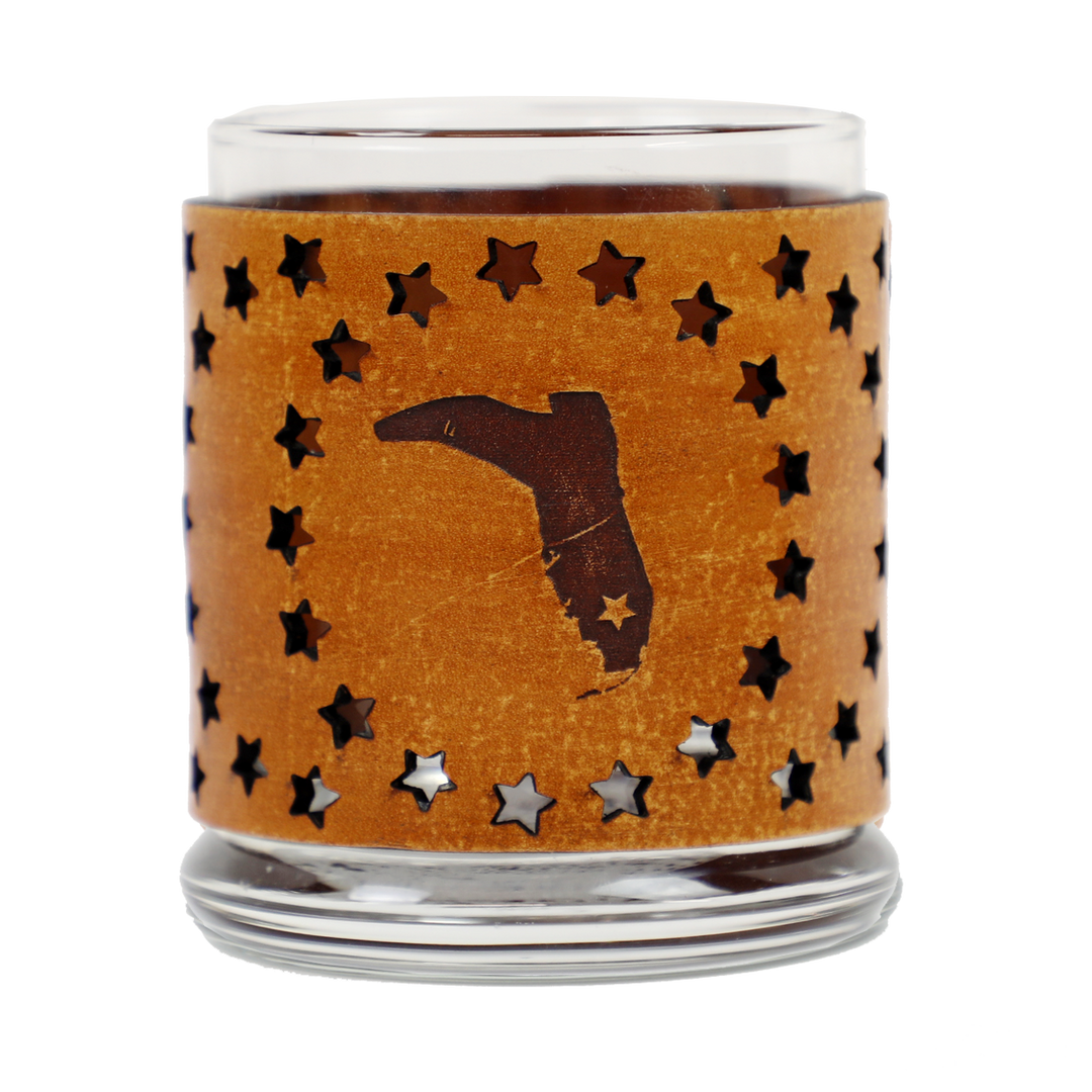 LEATHER CANDLE WRAP WITH GLASS- STARS & BOOT