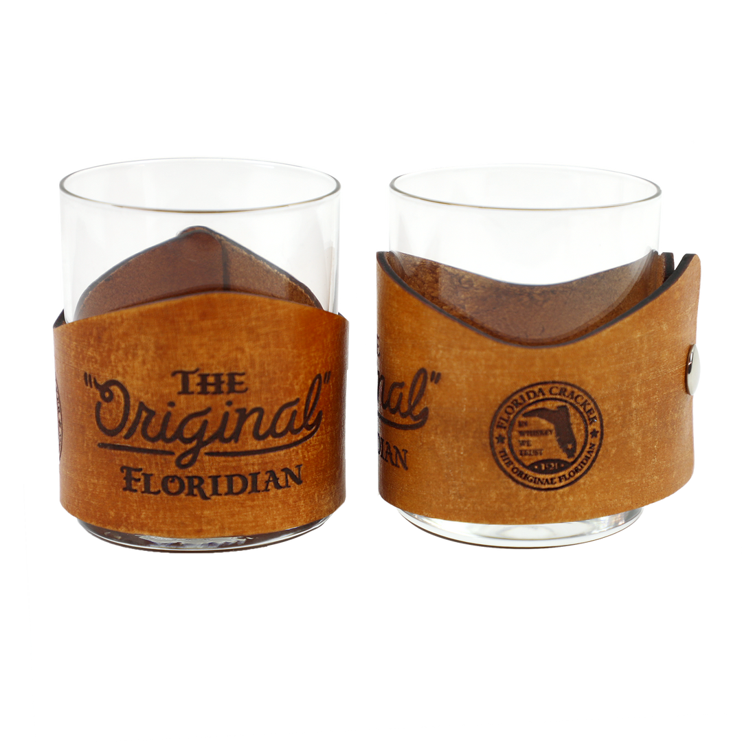 LEATHER WHISKEY GLASS WRAP & GLASS- ORIGINAL FLORIDIAN SET OF 2